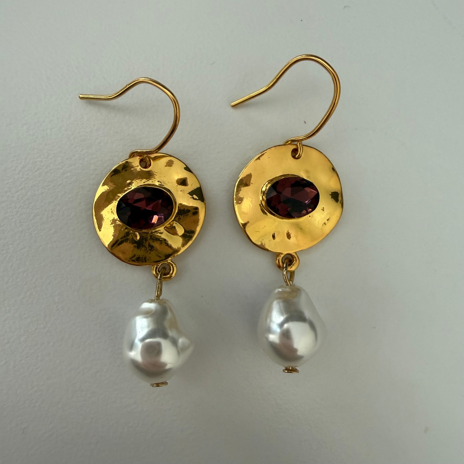 Gold Hammered Disc Purple Gemstone Baroque Pearl Drop Earrings Hook Wire